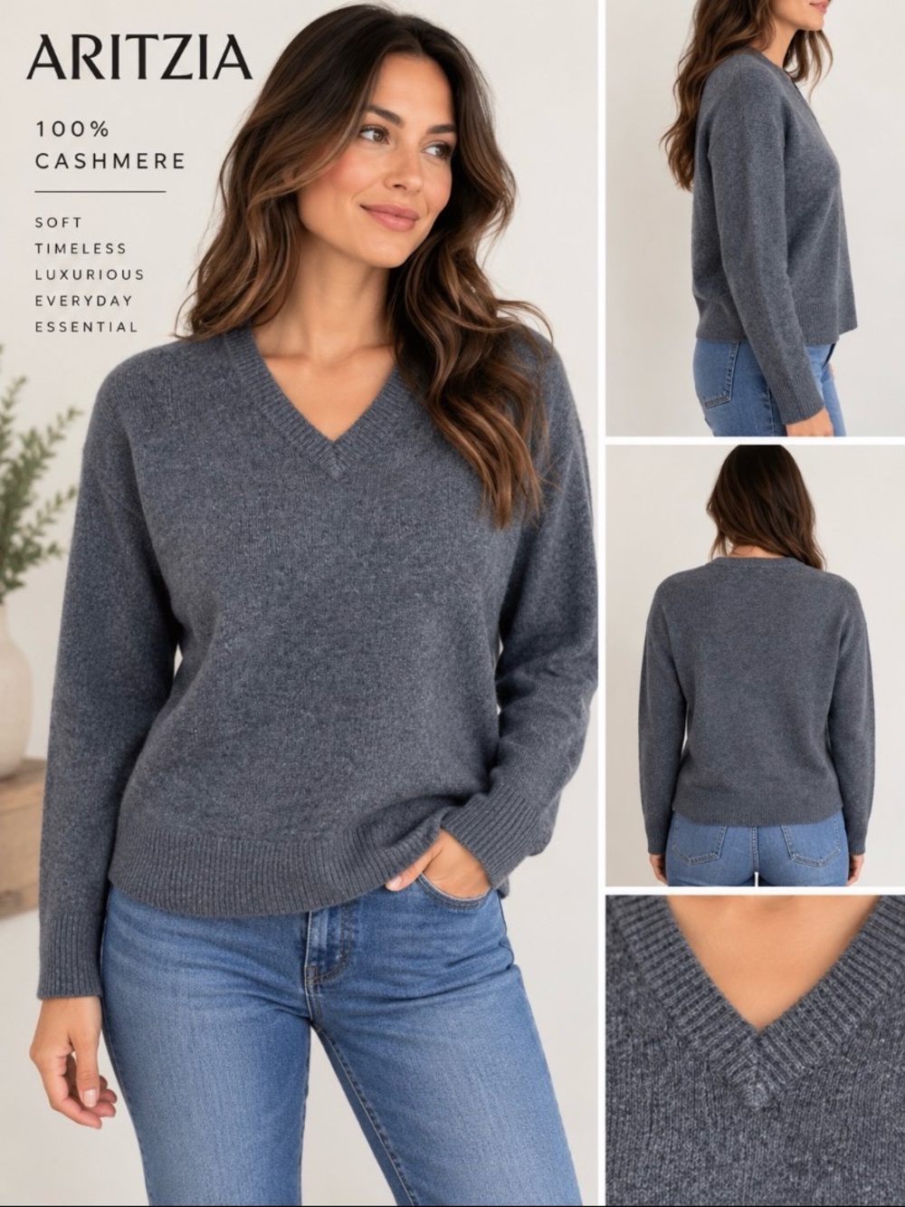 Aritzia Essential Cashmere Context V-Neck Sweater Grey XS 100% Cashmere